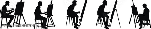 Artist painting on easel silhouette set showing male painters creating artwork on canvas isolated on white background concept of creativity art studio