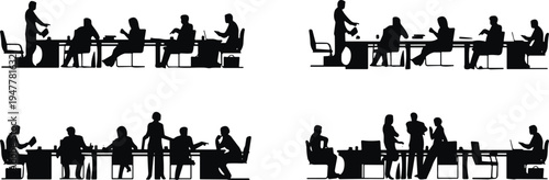 Business team meeting silhouettes set showing office collaboration discussion brainstorming and presentation scenes with coworkers around conference table isolated on white background