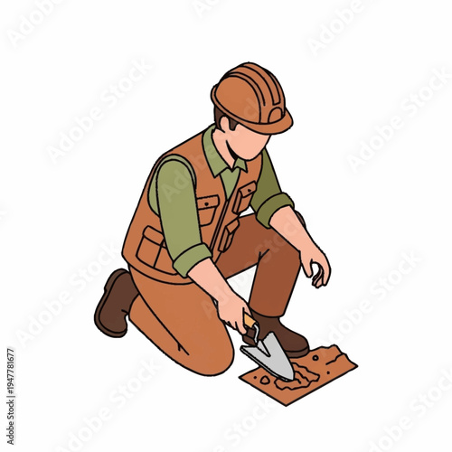 An archaeologist in a hard hat and vest kneels to examine a small artifact with a trowel.