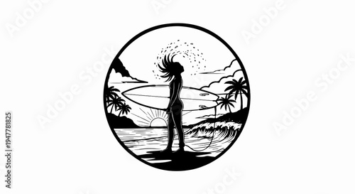 Woman with surfboard on a tropical beach at sunset, waves crashing