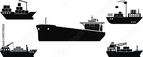 cargo ship silhouette, container ship silhouette, freight transport ship, maritime cargo vessel, shipping vessel icon, cargo transport ship, ocean freight ship, maritime  