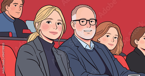 A group of four people is sitting in red theater seats, watching a performance. They appear engaged and attentive.