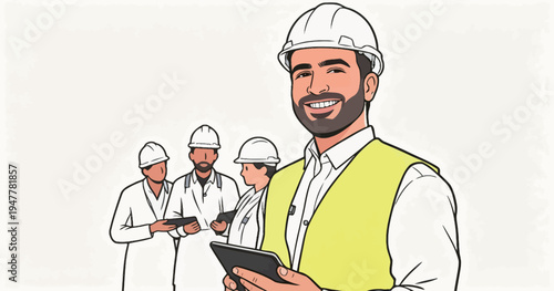 A man in a yellow vest and hard hat stands with a tablet while other workers discuss plans in helmets at a construction site.