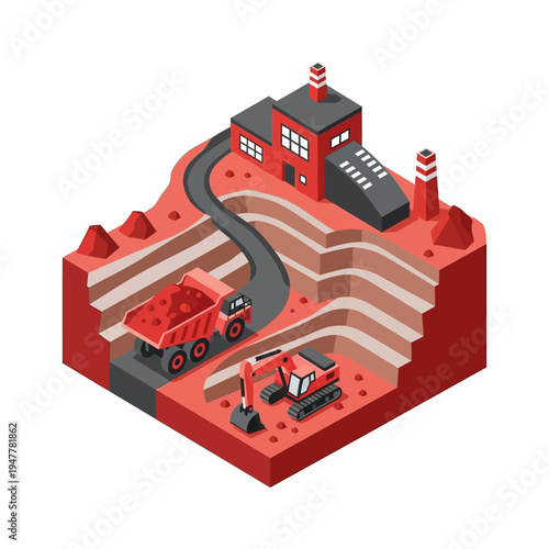 Isometric illustration of an open-pit mine with heavy machinery, a dump truck, and a processing plant, showcasing the extraction and industrial processing of raw materials.