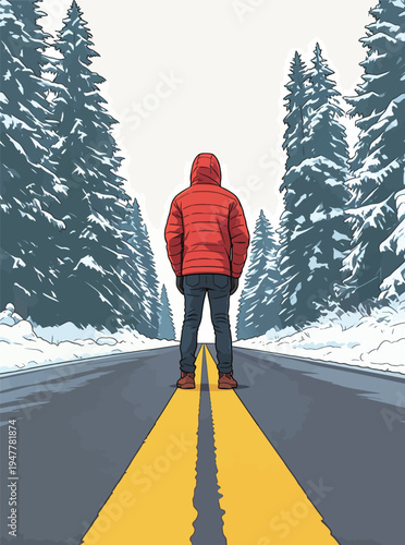 A person wearing a red jacket faces a snow-covered road with tall trees on both sides. The scene shows winter weather and solitude.