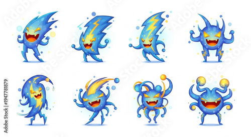 A vibrant collection of mischievous electric fantasy characters with dynamic lightning elements, perfect for game design, app icons, or animated stories, showcasing various expressive poses