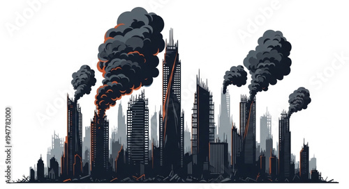 Smoke Rising Over City Skyline.