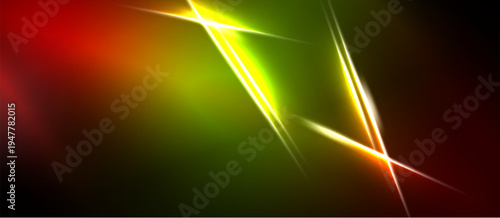 Abstract vibrant lines intersect. Red, orange, yellow, green gradients create dynamic visual effect. Dark background emphasizes luminosity.