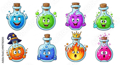 Collection of Cute Cartoon Potion Bottles with Expressive Faces, Perfect for Fantasy Games and Magical Themes