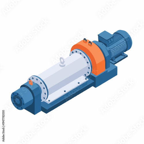 Isometric illustration of a powerful industrial pump with a motor and base, showcasing its robust engineering and mechanical components.