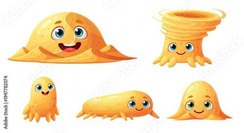 A delightful collection of friendly and whimsical sand creatures, each with unique forms and expressions, perfect for playful themes and imaginative designs for children's media