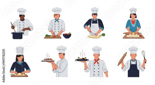 Set of professional cartoon chefs in various cooking poses, illustrating culinary experts preparing diverse dishes and kitchen activities with essential cooking utensils