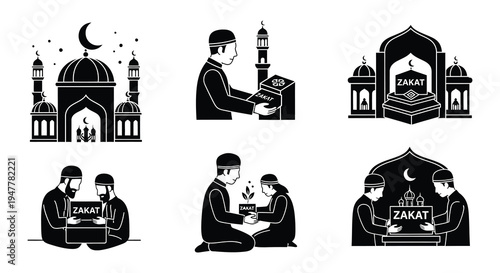 Islamic charitable giving and community scenes in monochrome vector style