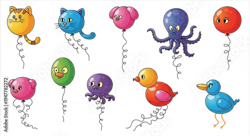Collection of cartoon-style balloons shaped like various animals, including a cat, dog, pig, octopus, bird, and chick, designed for celebratory or decorative purposes