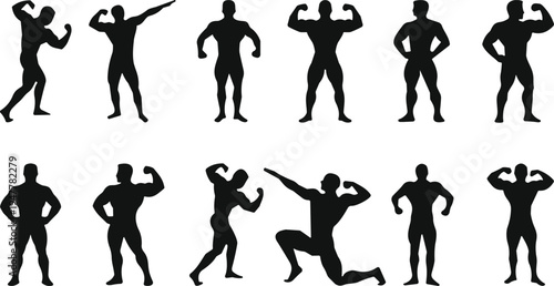 Collection of muscular bodybuilder silhouette poses showing strength, fitness and bodybuilding aesthetics, powerful male athlete stances isolated for gym workout training concept