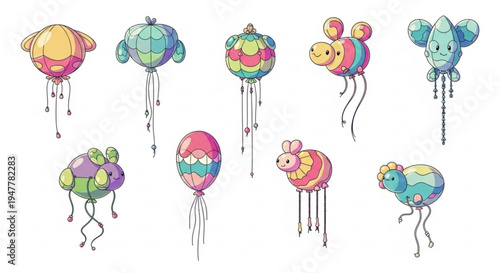 A vibrant collection of whimsical and cute fantasy flying creatures, designed as colorful hot air balloons with playful cartoon styles, unique shapes, and dangling decorative elements