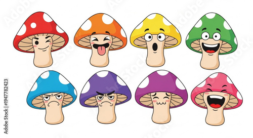 A Collection of Cartoon Mushrooms with Various Expressive Faces, Including Happy, Sad, and Surprised Emotions
