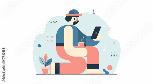 Minimalist illustration of a person with a beard holding a tablet and a cup of coffee