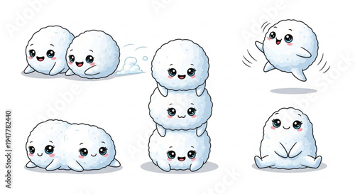 Cute Kawaii Snowballs in Various Poses, Perfect for Winter Themed Designs and Illustrations