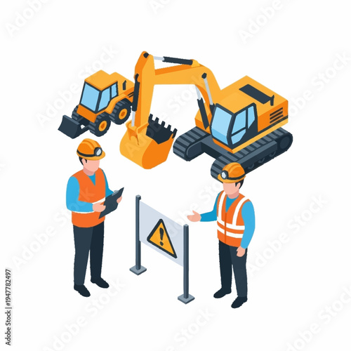 Isometric illustration of construction workers and heavy machinery at a construction site.