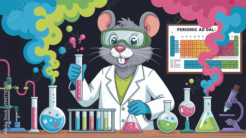 Cartoon mouse in lab coat conducting colorful chemistry experiment with test tubes and beakers in laboratory setting