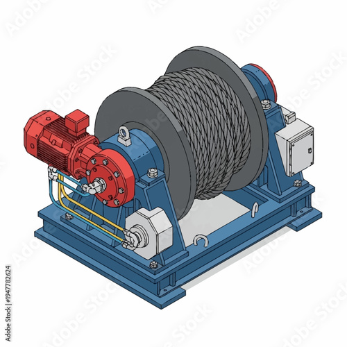 Isometric illustration of a winch with a motor and cable drum on a blue base.