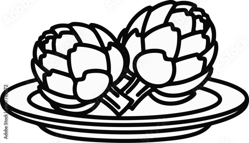 Two stylized artichokes sit on a simple plate