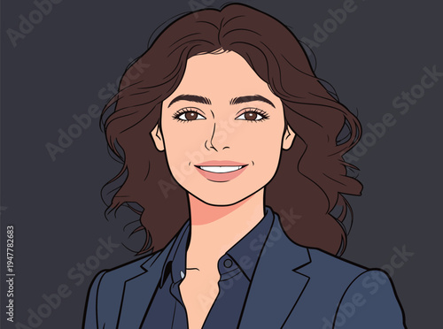 A woman stands smiling against a dark background. She wears a blue suit and has brown hair styled in loose waves.