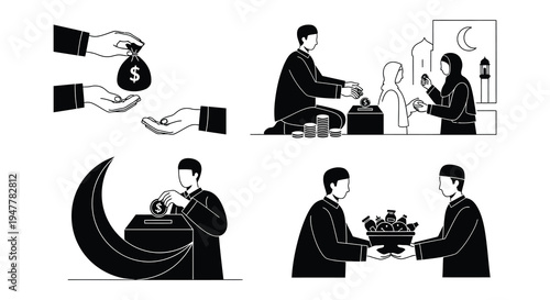 Islamic charitable giving and community scenes in monochrome vector style