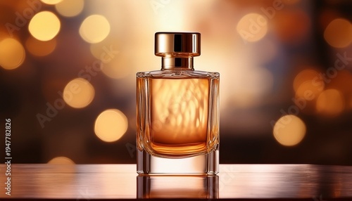 a stylish perfume bottle stands elegantly against a blurred light filled backdrop highlighting its amber liquid and reflective design