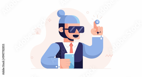 Man wearing VR goggles holds phone and touches interactive coin