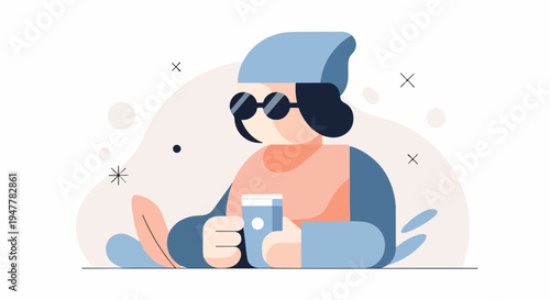 Person in beanie and sunglasses holding a cup with abstract shapes