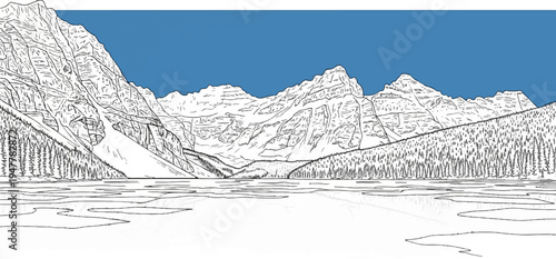 Stylized sketch of snow-capped mountains above a frozen lake and pine forest