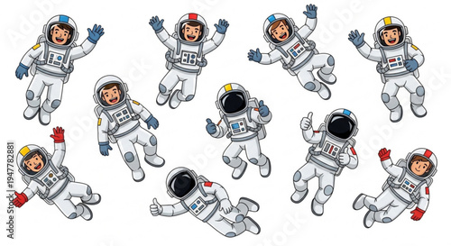 A collection of joyful cartoon children dressed as astronauts, playfully floating through space with happy expressions and dynamic poses, ready for a cosmic adventure