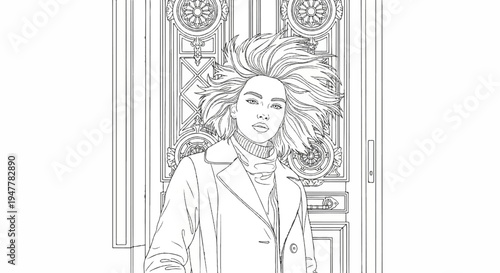 Woman with voluminous hair and coat stands before ornate door