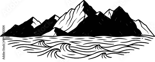 Jagged mountains rise above a frothy, wave-swept sea in a stark graphic