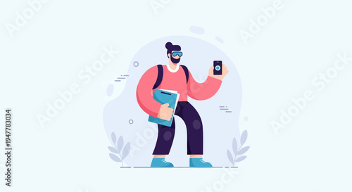 Man with backpack holding book and phone, wearing VR goggles