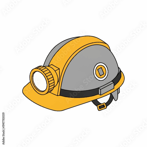 Illustration of a yellow and gray hard hat with a headlamp, designed for safety in industrial environments.