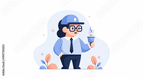 Person in blue shirt, cap, and glasses holds a steaming cup