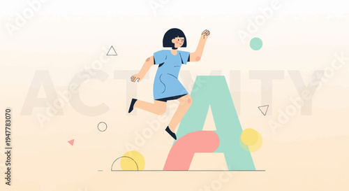 Joyful girl in blue dress leaps over large abstract letters forming a word