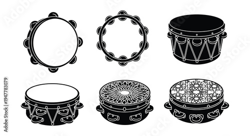 Collection of various percussion instruments tambourines and drums shown in silhouette