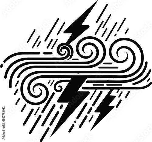 Stylized storm with lightning, wind swirls, and rain streaks