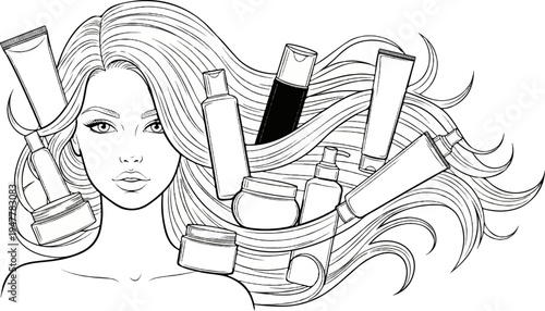 Woman's face with flowing hair adorned with various cosmetic products