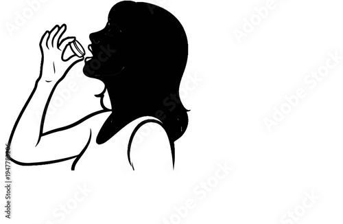 Woman's profile taking a drink from a small cup with her arm bent