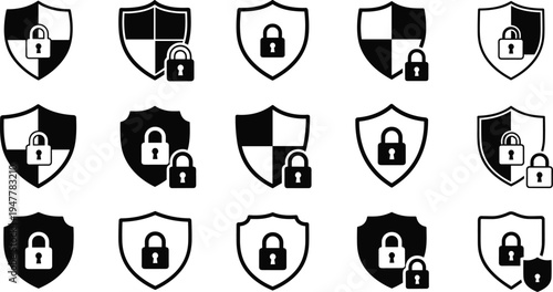 Shield with Lock and Security Protection Icons Set for Privacy, Data Safety, and Digital Security