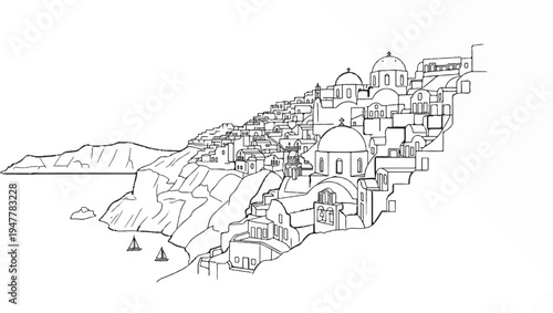 White-washed buildings cascade down a cliffside to the sea, with sailboats