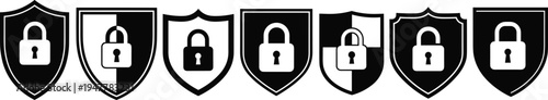 Shield with Lock Icon Set for Data Protection, Security, and Privacy Symbols