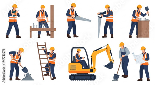 Construction workers performing various tasks such as building, excavating, and planning with tools and machinery