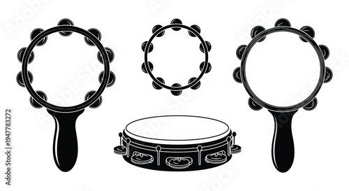 Collection of various percussion instruments tambourines and drums shown in silhouette