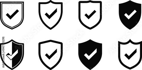 Shield with Check Mark Icon Set for Security, Approval, and Certification Designs